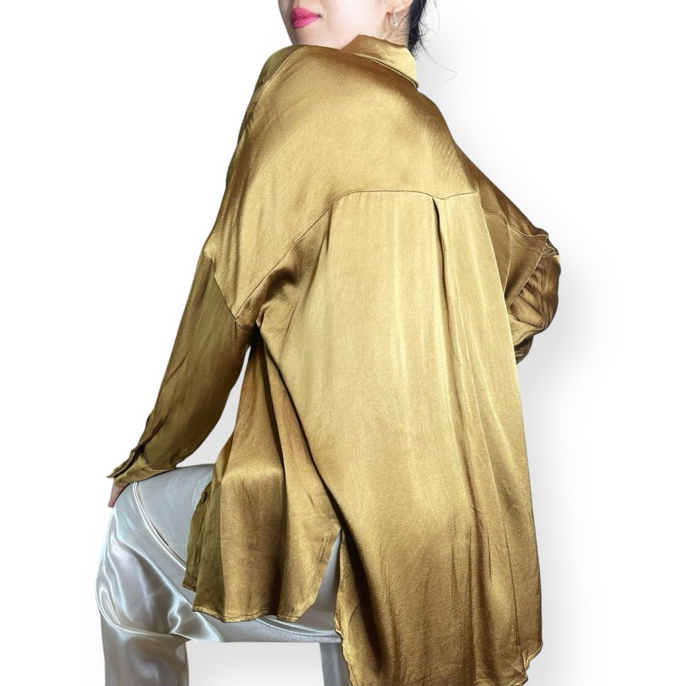 DISSH Simone Pearl Satin Shirt in Golden Olive Chartreuse Size 6 - Picture 15 of 16